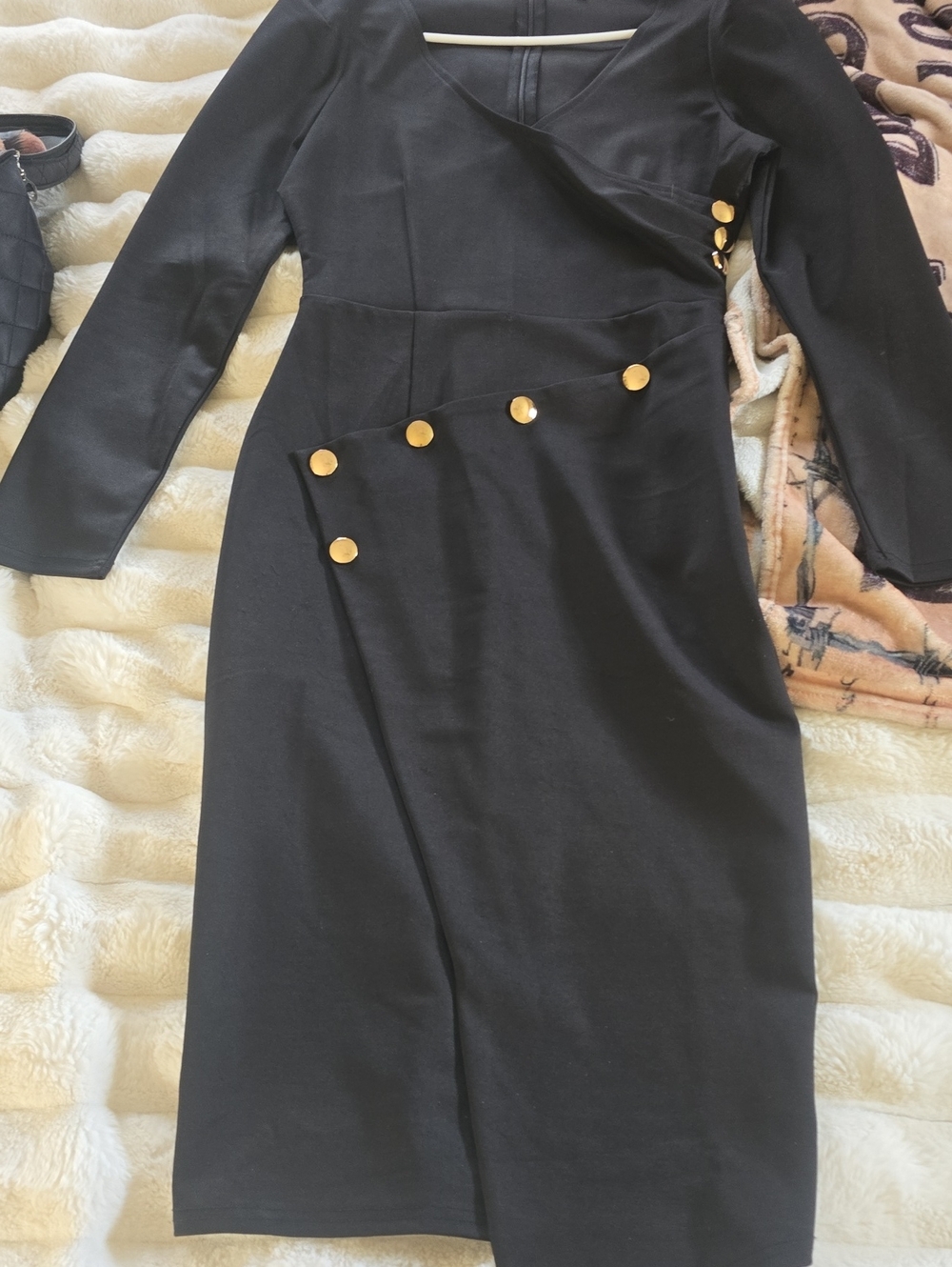 SHEIN Black Midi Dress with Gold Button Detail